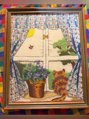 Vintage Embroidered Crewl Window Scene Rare One Incredible